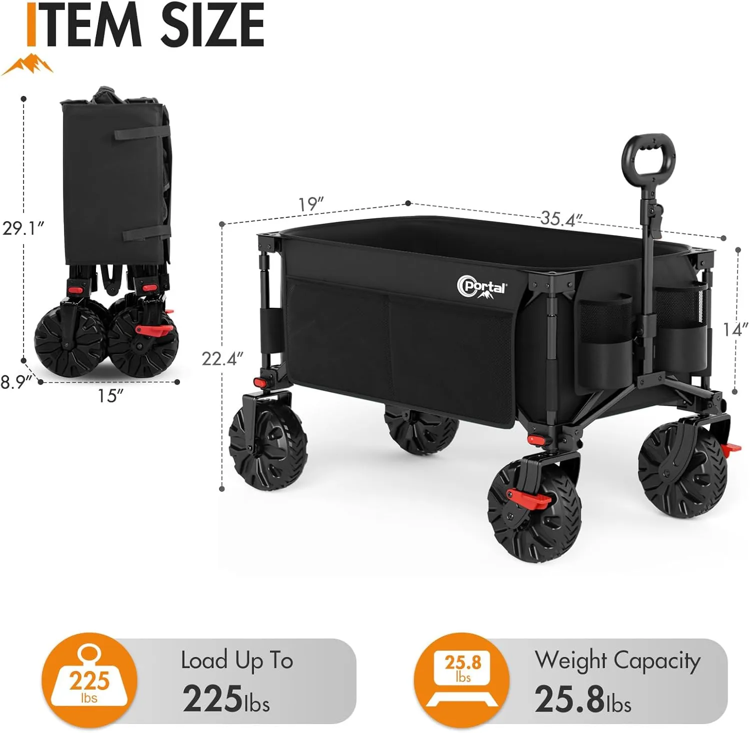 PORTAL Heavy-Duty Folding Wagon Cart, Large Collapsible Utility Wagon with All-Terrain Wheels for Beach, Camping, Garden & Grocery