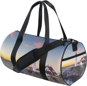 Portland, Maine, USA at Portland Head Light in the Morning Duffel Bag, Foldable Canvas Travel Tote for Gym Sports with Inner Pockets, Durable Lightweight Fitness Bag for Overnight Workout