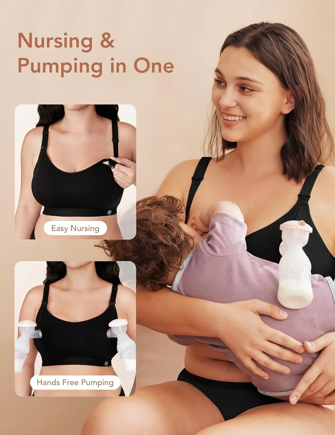 Pumping Bra Hands Free Zip Opening Design Seamless Nursing Bras for Breastfeeding High Support Nursing & Pumping Bra in One