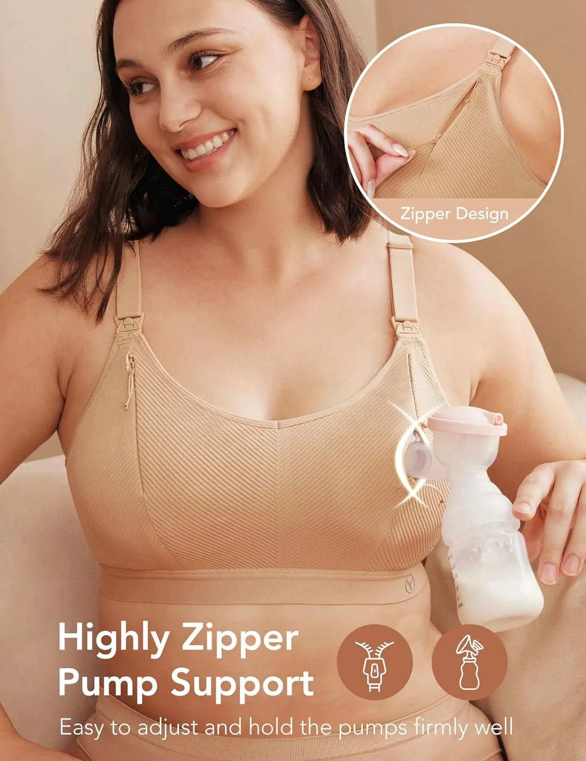 Pumping Bra Hands Free Zip Opening Design Seamless Nursing Bras for Breastfeeding High Support Nursing & Pumping Bra in One