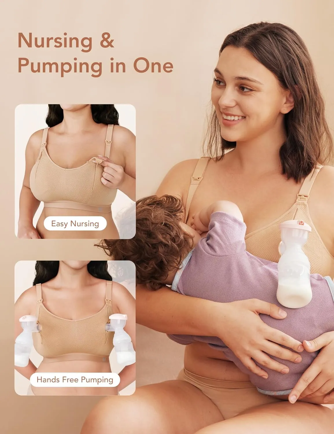 Pumping Bra Hands Free Zip Opening Design Seamless Nursing Bras for Breastfeeding High Support Nursing & Pumping Bra in One