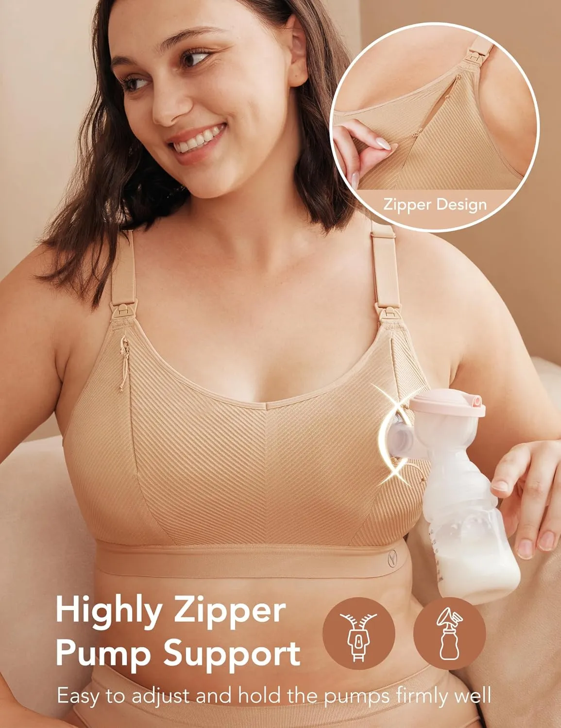 Pumping Bra Hands Free Zip Opening Design Seamless Nursing Bras for Breastfeeding High Support Nursing & Pumping Bra in One