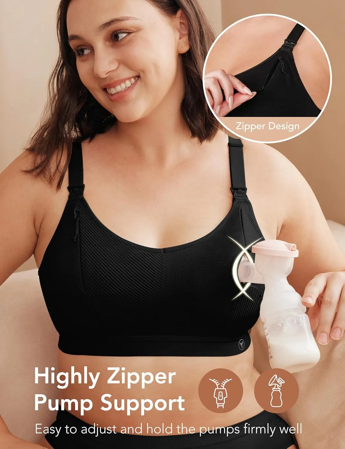Pumping Bra Hands Free Zip Opening Design Seamless Nursing Bras for Breastfeeding High Support Nursing & Pumping Bra in One