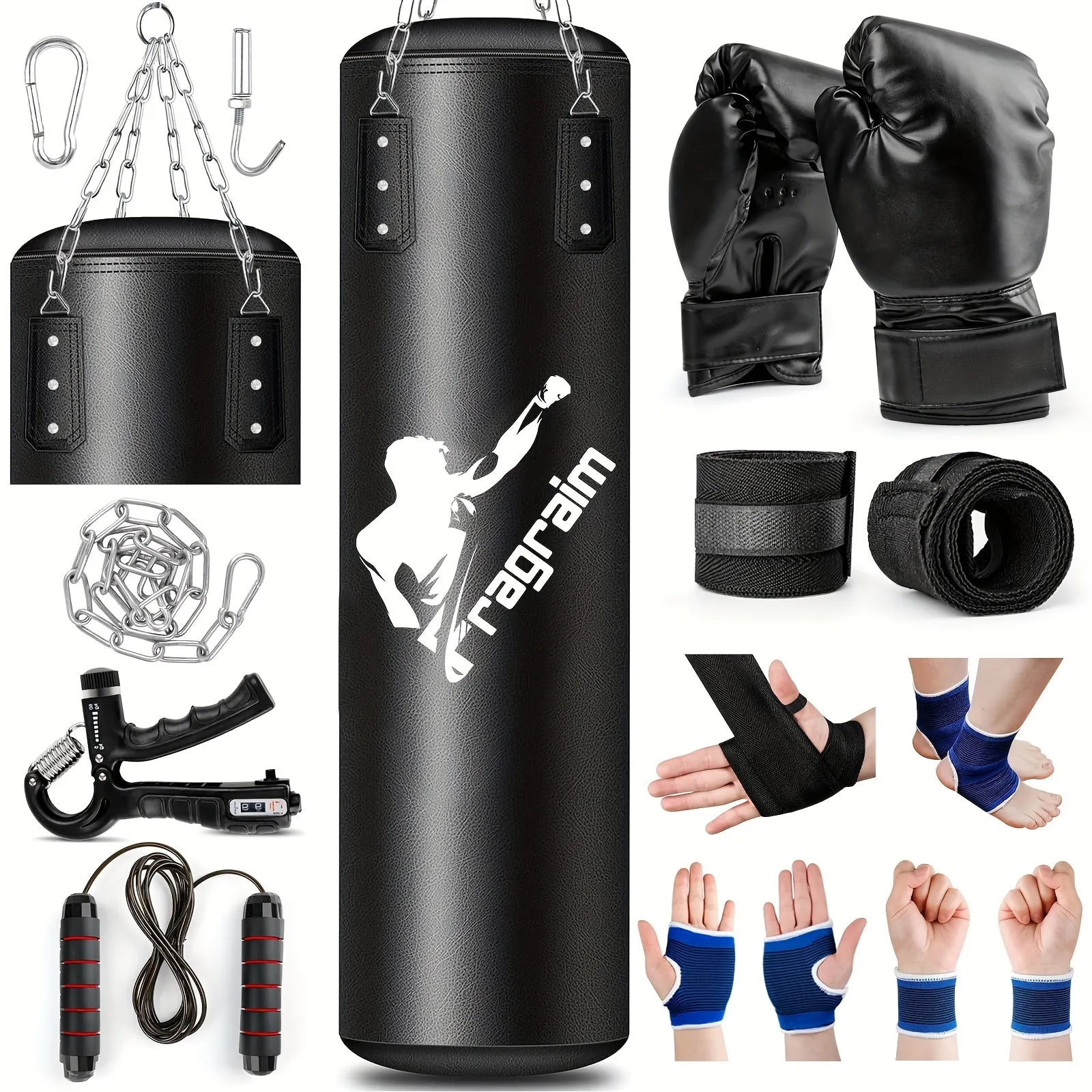 Punching Bag for Adults, 4 FT PU Heavy Boxing Bag Set, Unfilled Punching Bags with 12OZ Punching Gloves, Wraps, Chain, Ceiling Hook for MMA Kickboxing Boxing Karate Home Gym Training
