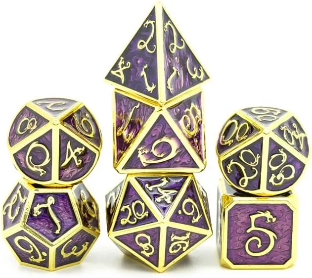 Purple Poison Evil Dragon DND Metal Dice Set for Dungeons and Dragons Gifts, D&D, D and D, Pathfinder, Accessories, D20, Polyhedral, Resin Dice, Metal, Dice Tray, Tower, Bag, Box