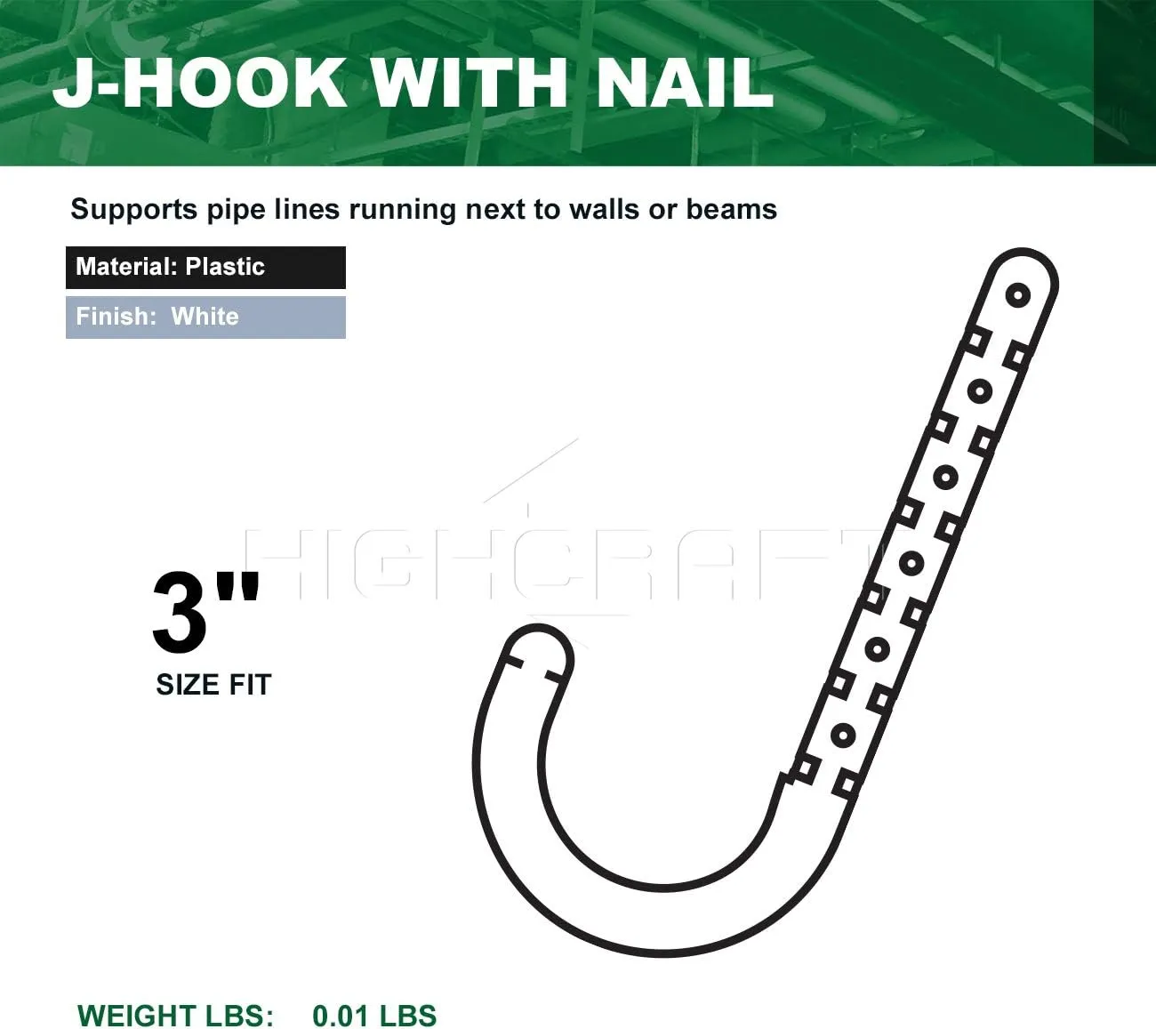 PXJHNG003-10 PEX Support J-Hook Hanger with Nails for 3 in. Pipe, Rope, Cable Hard Plastic (10 Pack), White