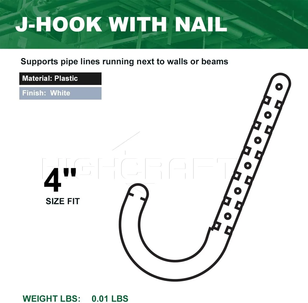 PXJHNG004-10 PEX Support J-Hook Hanger with Nails for 4 in. Pipe, Rope, Cable Hard Plastic (10 Pack), White