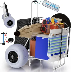 PYY Beach Cart with Big Balloon Wheels for Sand, Foldable Wagon Dolly Buggy Trolley with 242 Lbs Loading Capacity, 13" Large Rolling Tires, Collapsible Storage Bag for Outdoor Camping Shopping Fishing