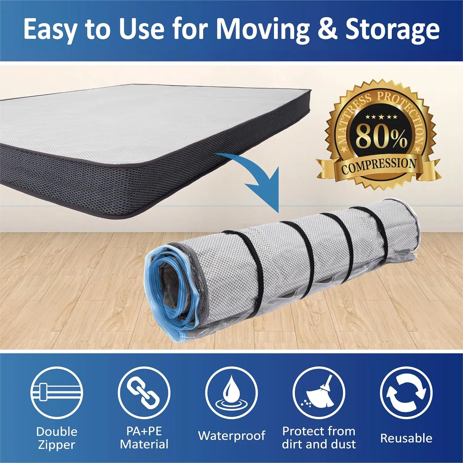 Queen/Full/Full-XL Foam Mattress Vacuum Bag with Blue Zipper, Mattress Storage Bag