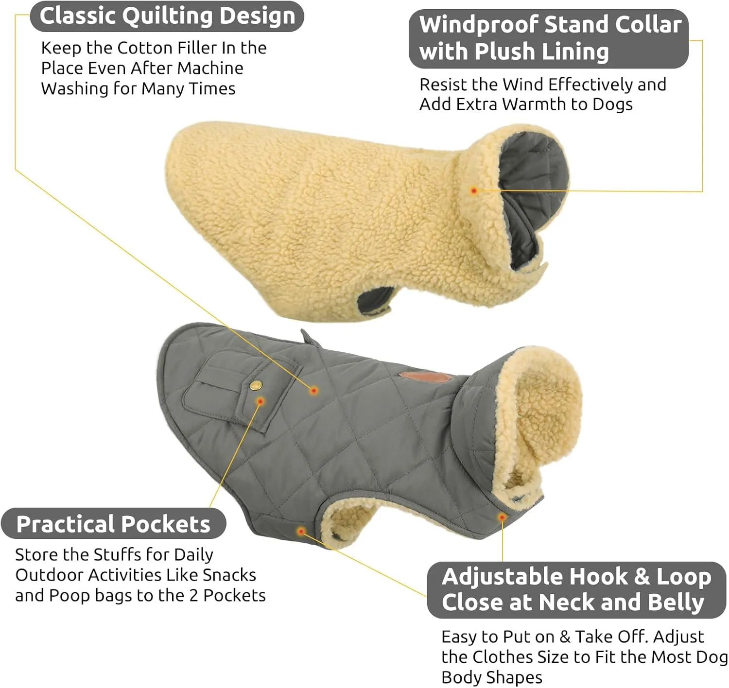 Queenmore Dog Winter Coat - Fleece Jacket, Waterproof Cold Weather Dog Clothes, Thick Warm Cotton Padding, Easy On Storage Pockets (Grey, Small)