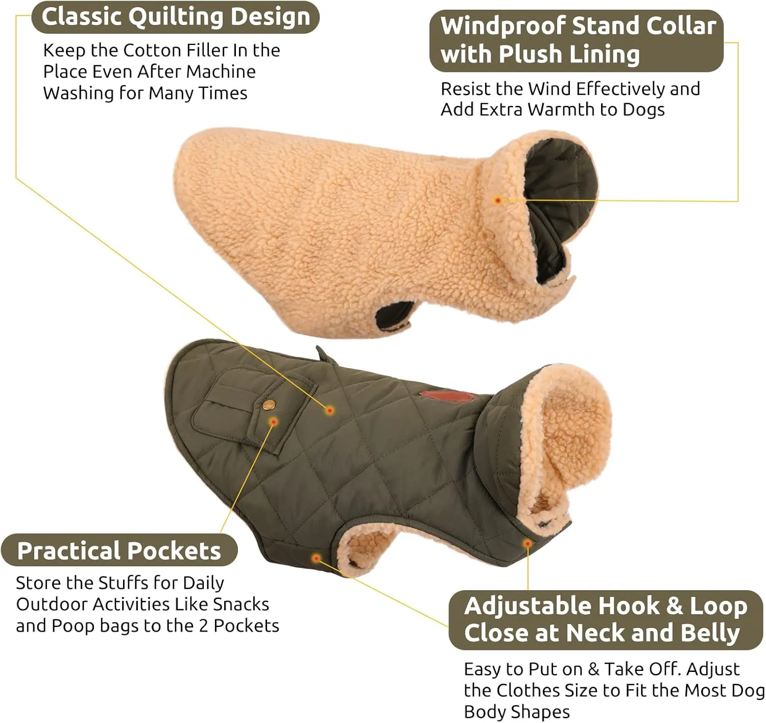 Queenmore Warm Dog Coat, Cold Weather Puffer Dog Coat, Quilting Winter Dog Jacket Ultra Thick Plush Lining with Storage Pockets (Green, X-Small)