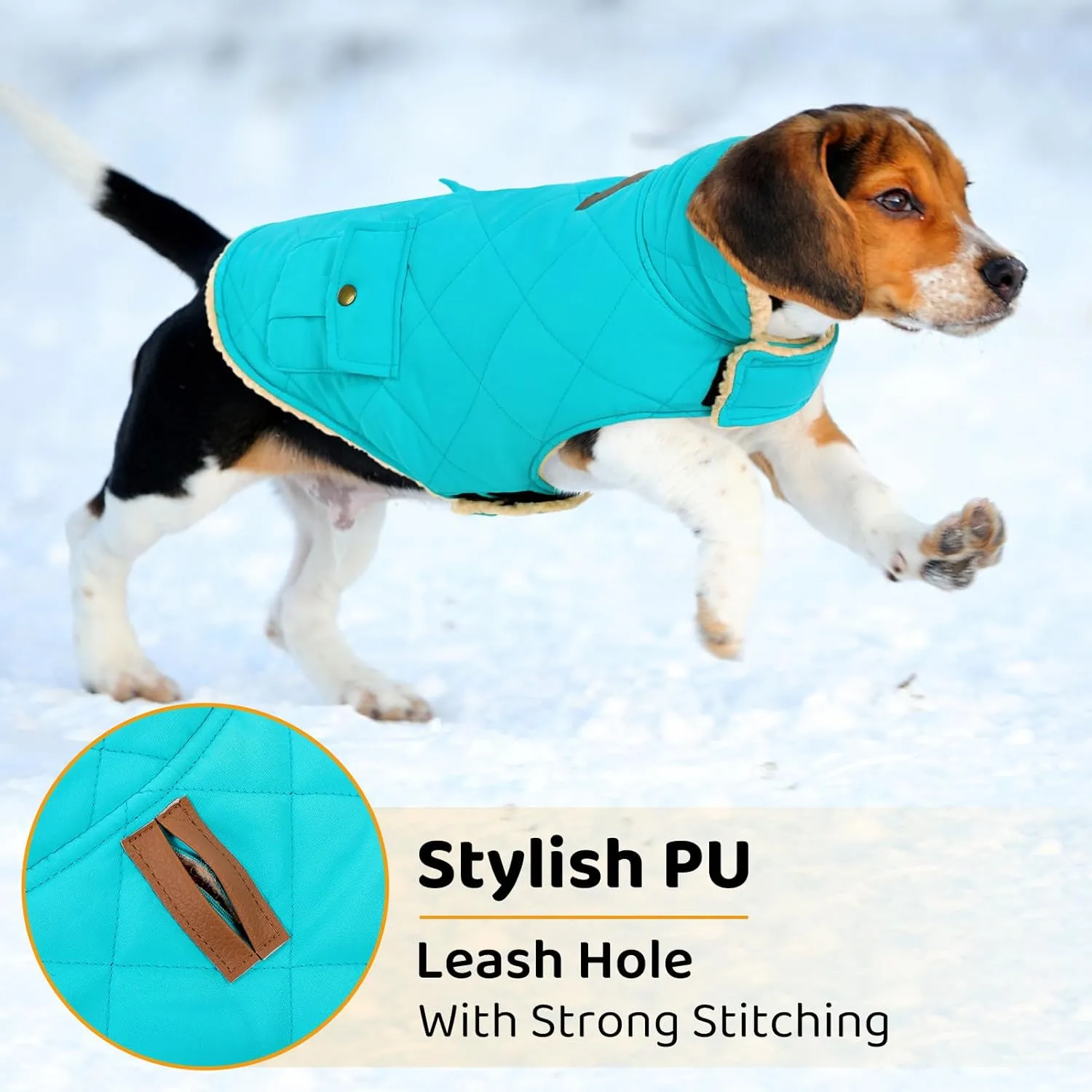 Queenmore Warm Dog Coat, Cold Weather Puffer Dog Vest, Quilting Winter Jacket Ultra Thick Plush Fleece Lining Pet Clothes with Storage Pockets (Light Blue, Small)