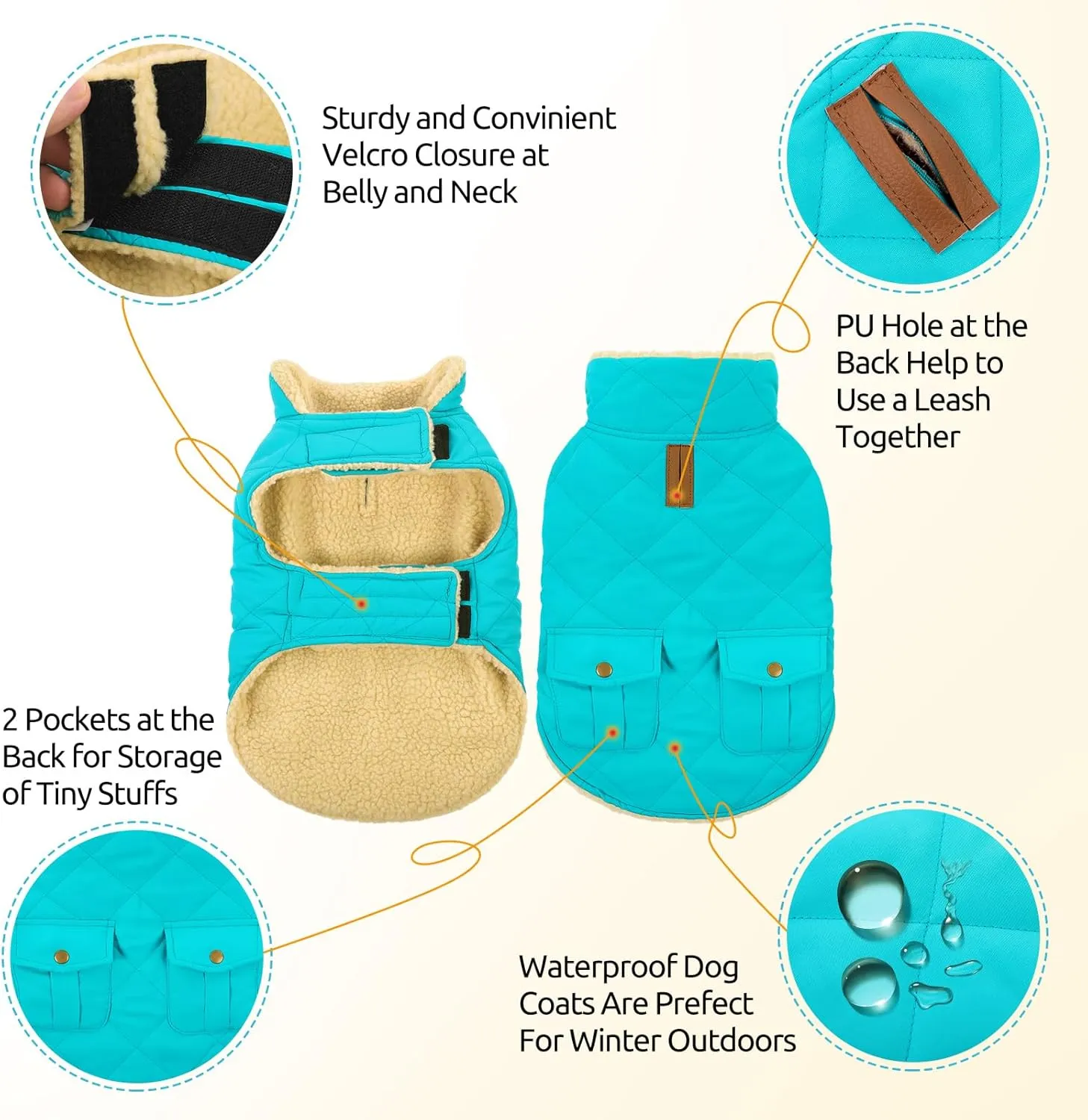 Queenmore Warm Dog Coat, Cold Weather Puffer Dog Vest, Quilting Winter Jacket Ultra Thick Plush Fleece Lining Pet Clothes with Storage Pockets (Light Blue, Small)