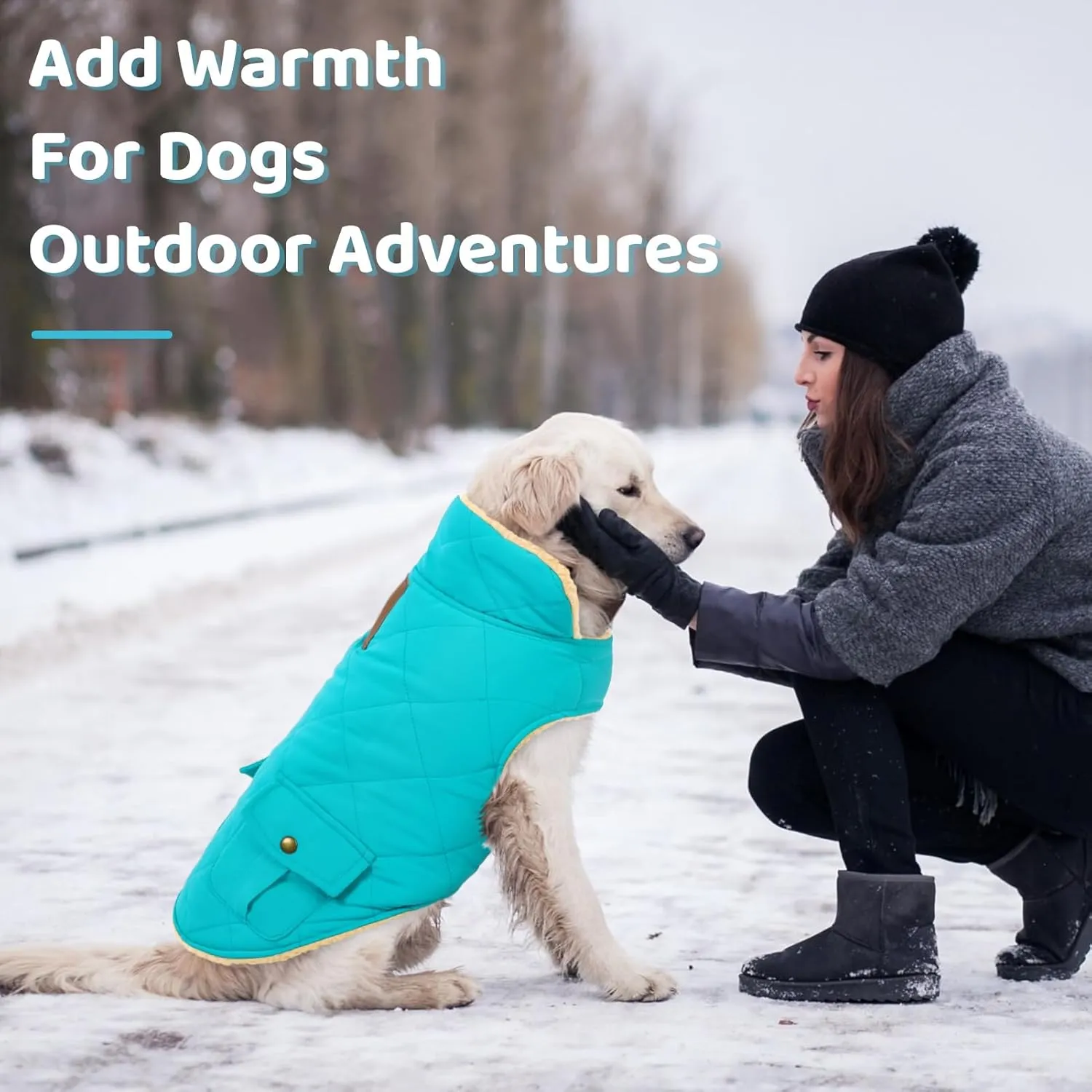 Queenmore Warm Dog Coat, Cold Weather Puffer Dog Vest, Quilting Winter Jacket Ultra Thick Plush Fleece Lining Pet Clothes with Storage Pockets (Light Blue, Small)