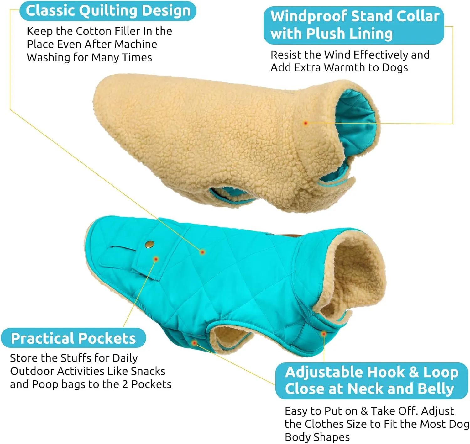 Queenmore Warm Dog Coat, Cold Weather Puffer Dog Vest, Quilting Winter Jacket Ultra Thick Plush Fleece Lining Pet Clothes with Storage Pockets (Light Blue, Small)