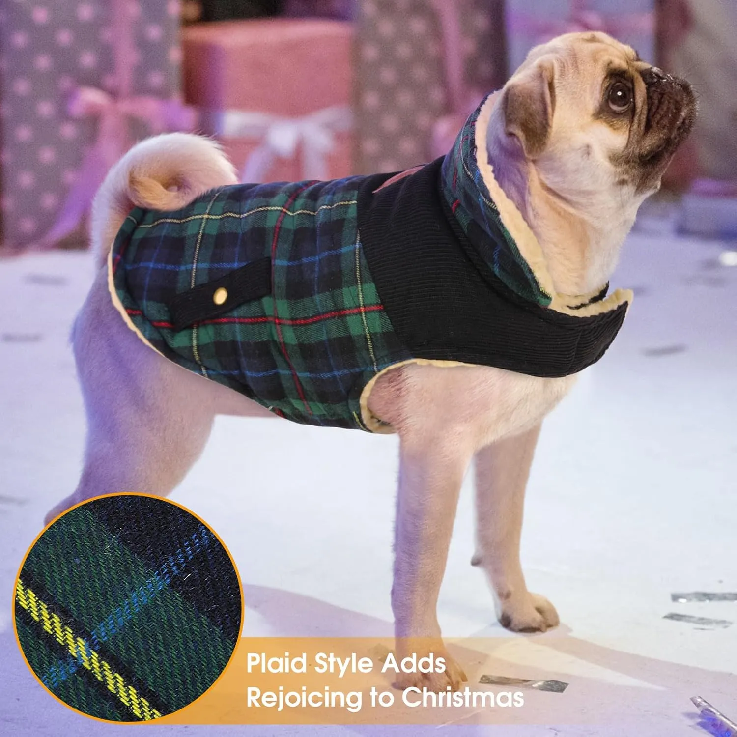Queenmore Warm Dog Jacket for Cold Weather, Quilted Puffer Plaid Coat with Waterproofing, Fleece Padding, Leash Hole - Small/Medium, Girl/Boy Dog Christmas Coat