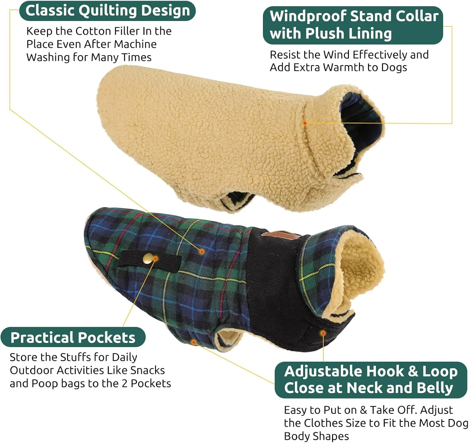 Queenmore Warm Dog Jacket for Cold Weather, Quilted Puffer Plaid Coat with Waterproofing, Fleece Padding, Leash Hole - Small/Medium, Girl/Boy Dog Christmas Coat