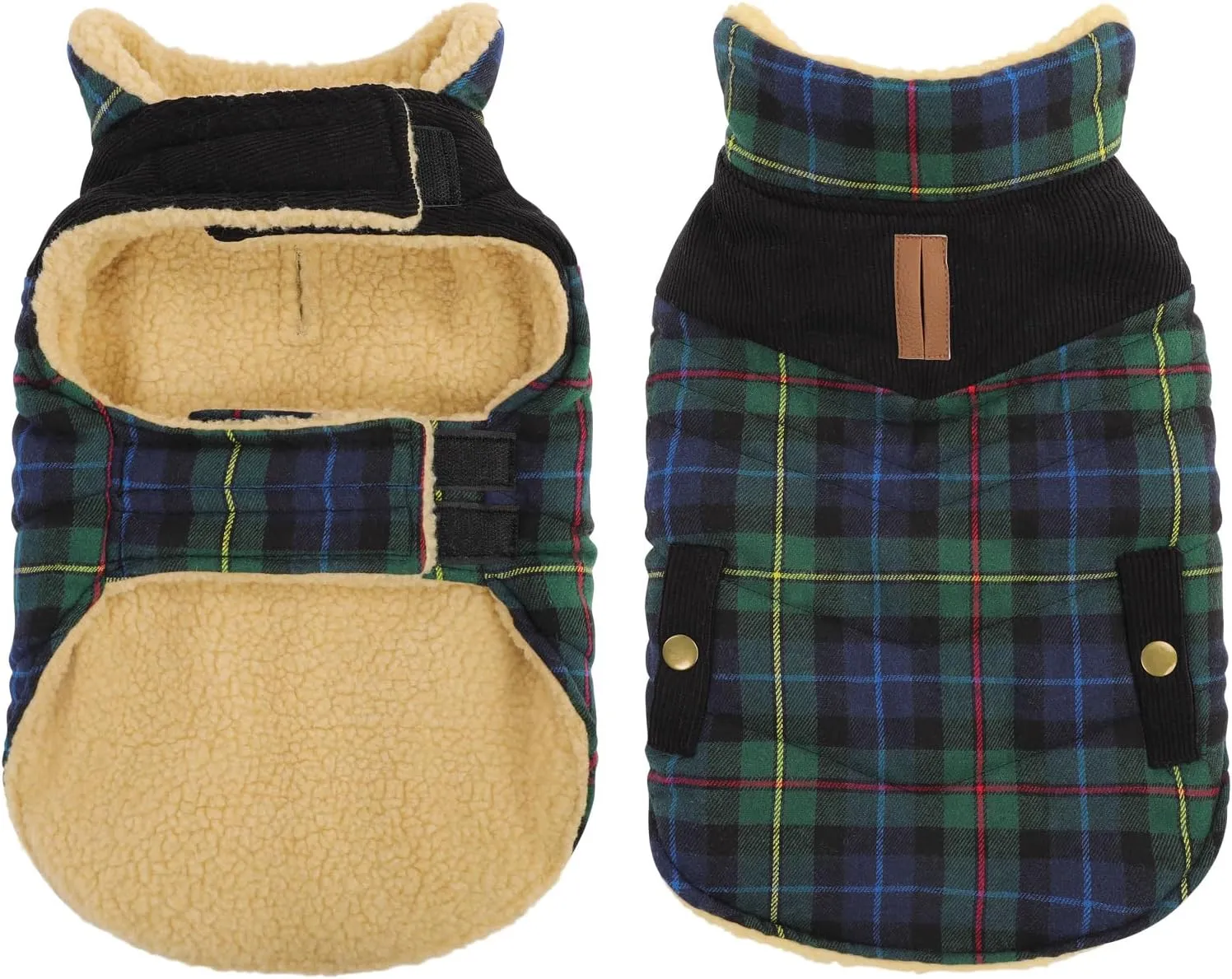 Queenmore Warm Dog Jacket for Cold Weather, Quilted Puffer Plaid Coat with Waterproofing, Fleece Padding, Leash Hole - Small/Medium, Girl/Boy Dog Christmas Coat