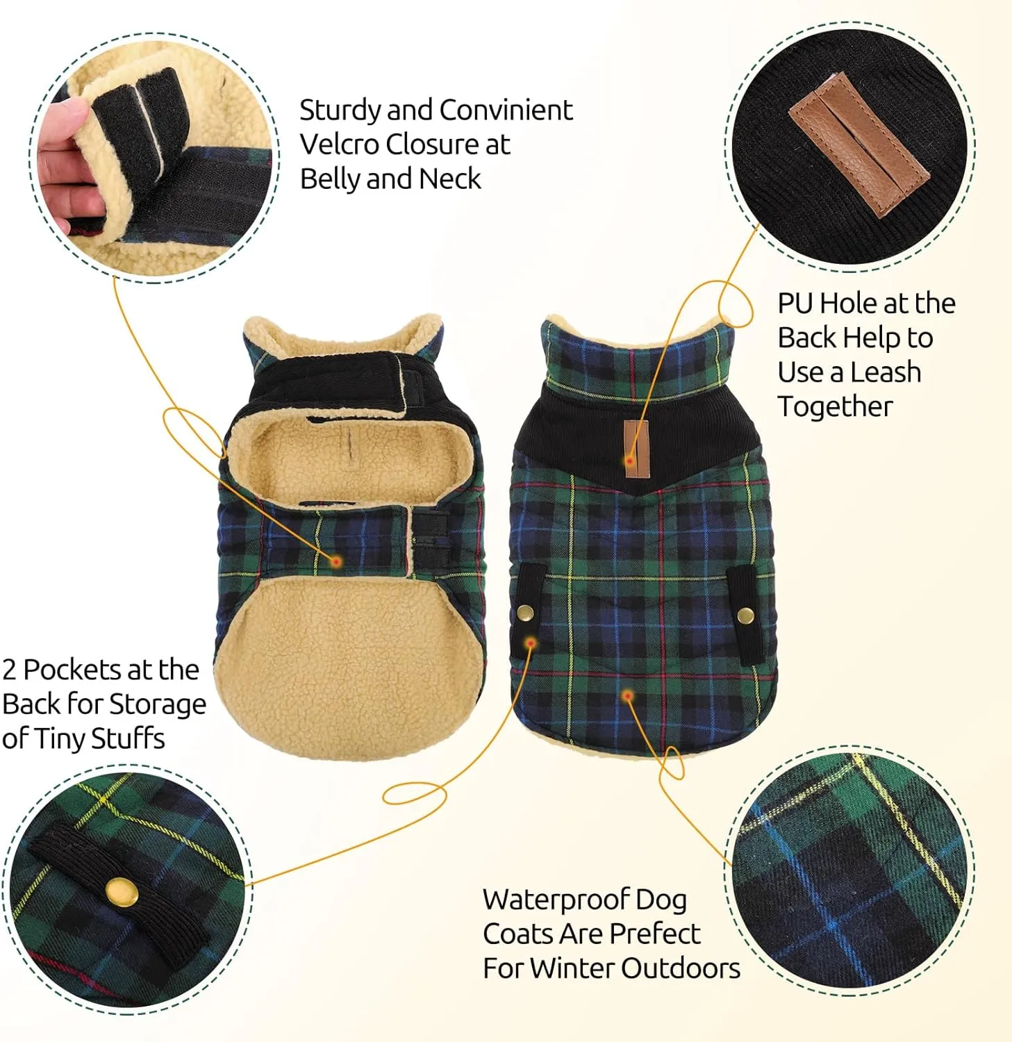 Queenmore Warm Dog Jacket for Cold Weather, Quilted Puffer Plaid Coat with Waterproofing, Fleece Padding, Leash Hole - Small/Medium, Girl/Boy Dog Christmas Coat