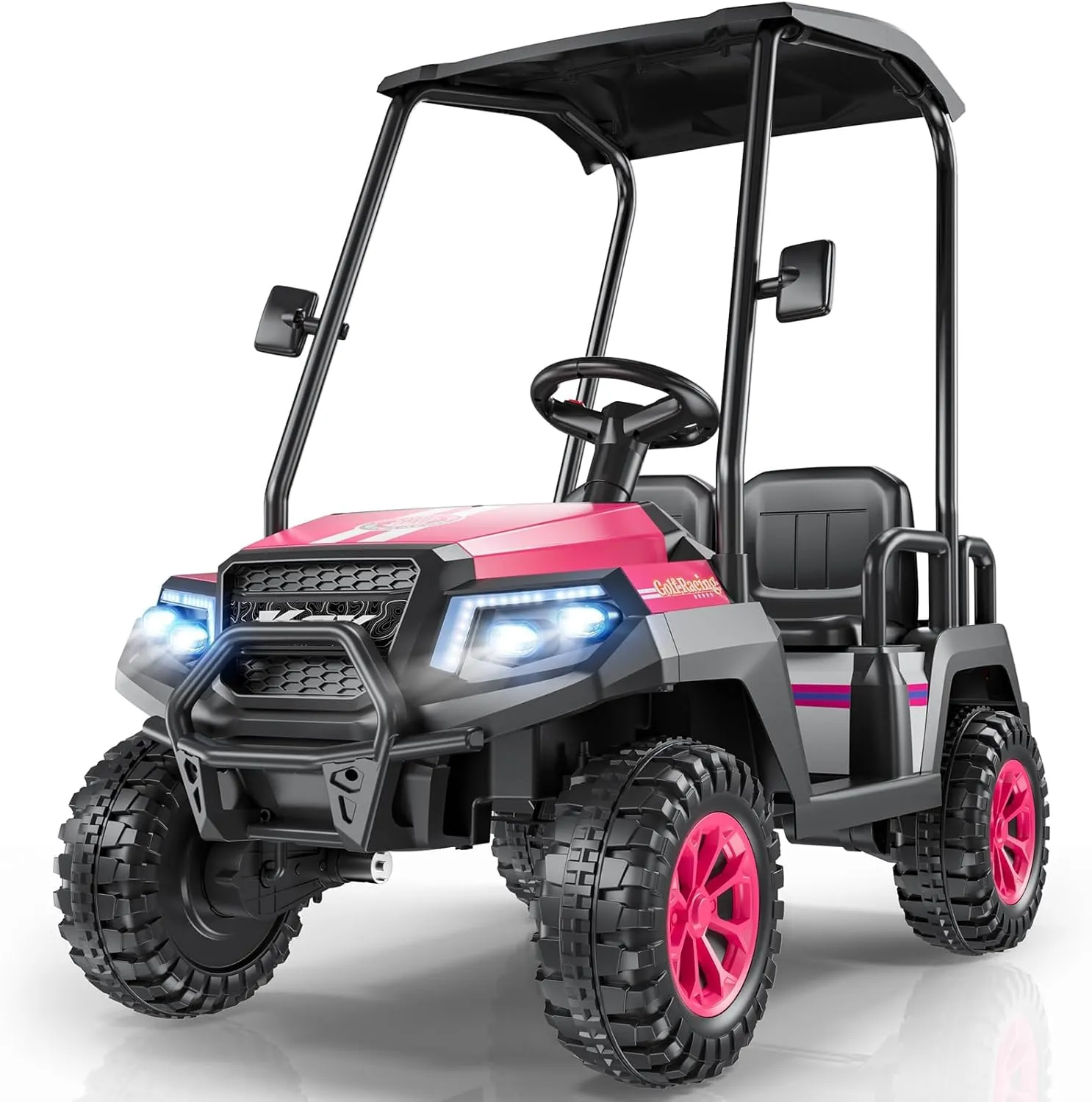 R9 24V Kids Golf Cart, 4 Seats, 4WD Kids Electric Car w/Remote Control, Detachable Awning, Spring Suspension, Multimedia Functions Including Music, Story, Wireless Connection, Horn, Power Display
