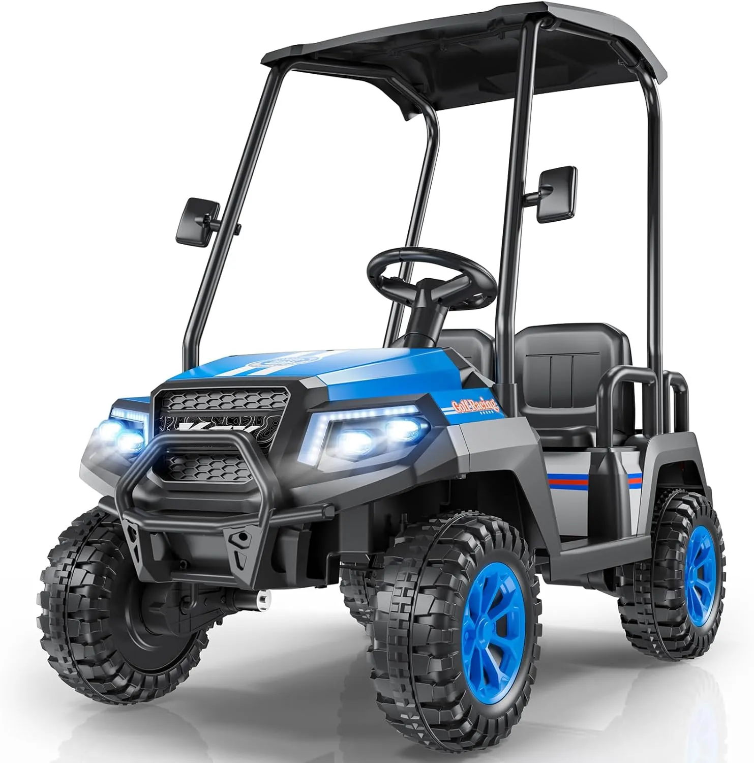 R9 24V Kids Golf Cart, 4 Seats, 4WD Kids Electric Car w/Remote Control, Spring Suspension, Multimedia Functions Including Music, Story, Wireless Connection, Horn, Power Display, Detachable Awning
