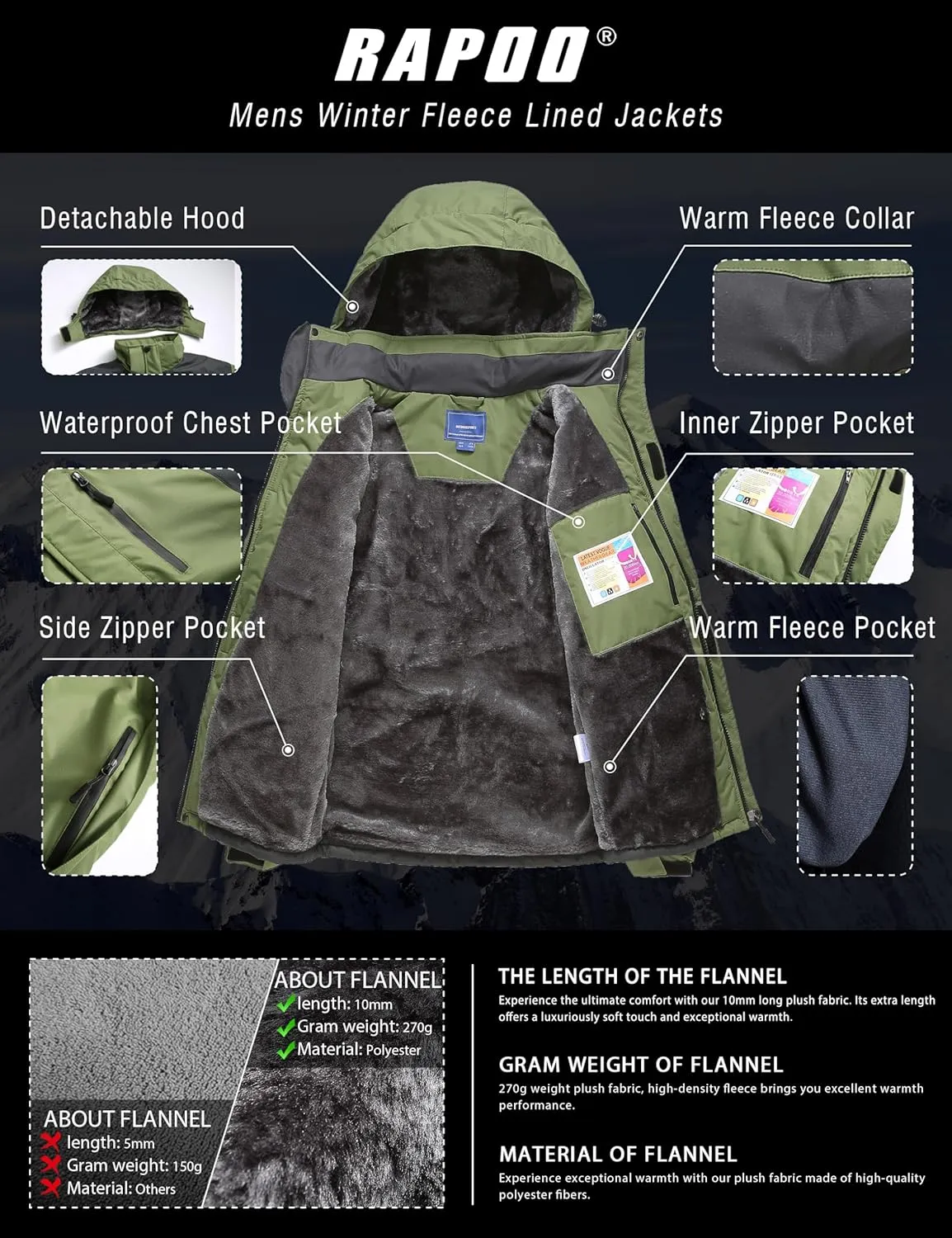 Rapoo Men's Winter Ski Snow Jacket Mountain Waterproof Windproof Rain Jacket