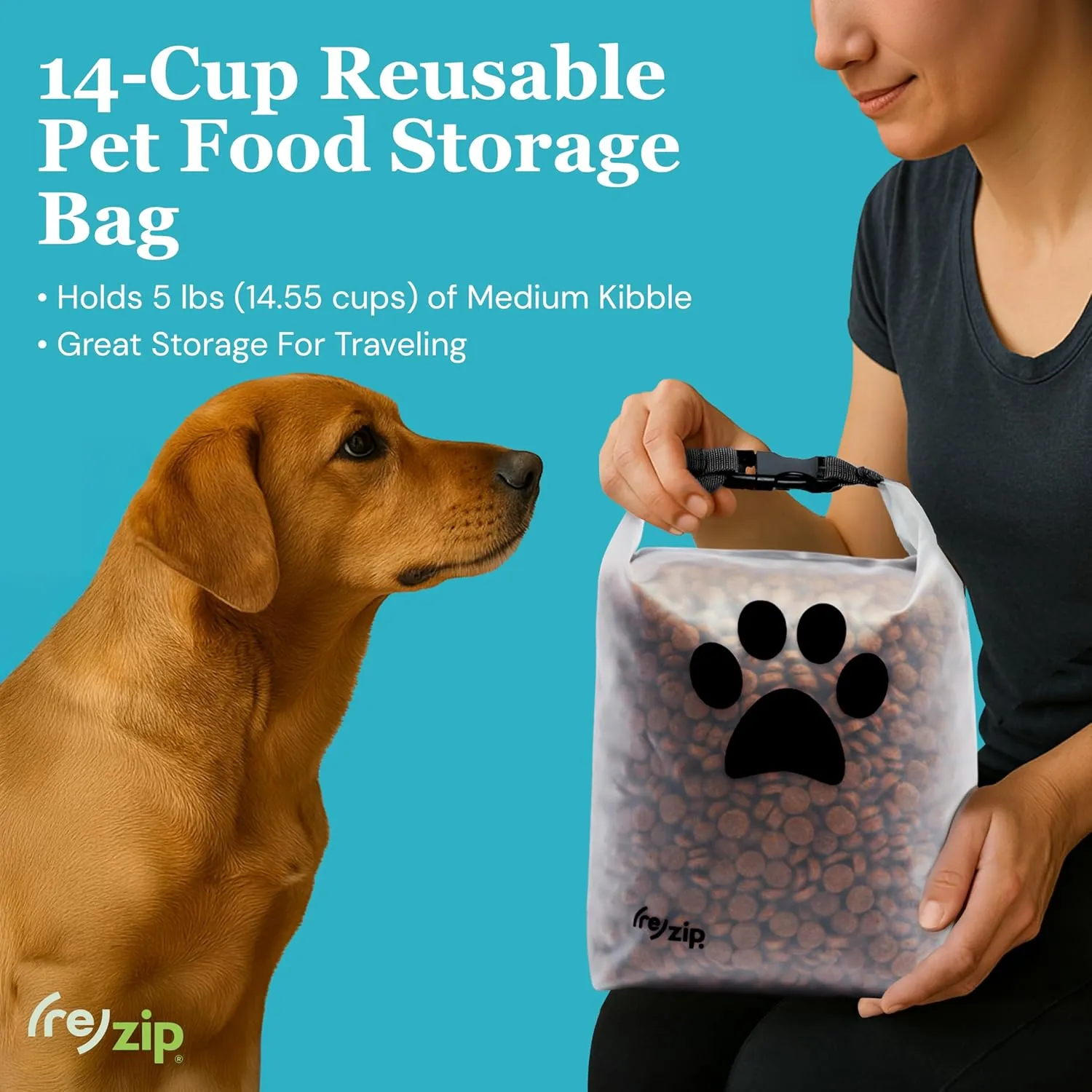 (re) zip Roll Top Pet Food Storage Bag (14-Cup) | BPA-Free, Food Grade, Pet Safe | Keeps Kibble Fresh for Camping, Dog Boarding, Weekend Getaways | Machine Washable | Magenta
