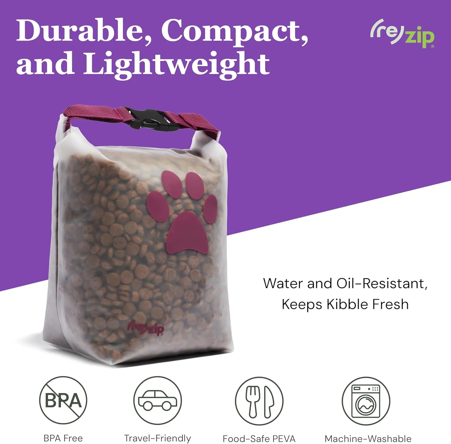 (re) zip Roll Top Pet Food Storage Bag (14-Cup) | BPA-Free, Food Grade, Pet Safe | Keeps Kibble Fresh for Camping, Dog Boarding, Weekend Getaways | Machine Washable | Magenta