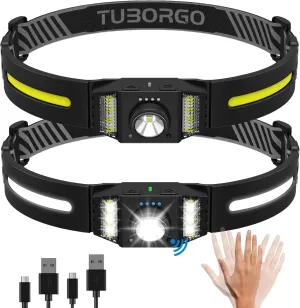 Rechargeable LED Headlamp, 2-Pack Bright Head Lamp with Motion Sensor, White Red Light Source Headlight Flashlight, Lightweight Weatherproof HeadLamps for Outdoor Camping Running