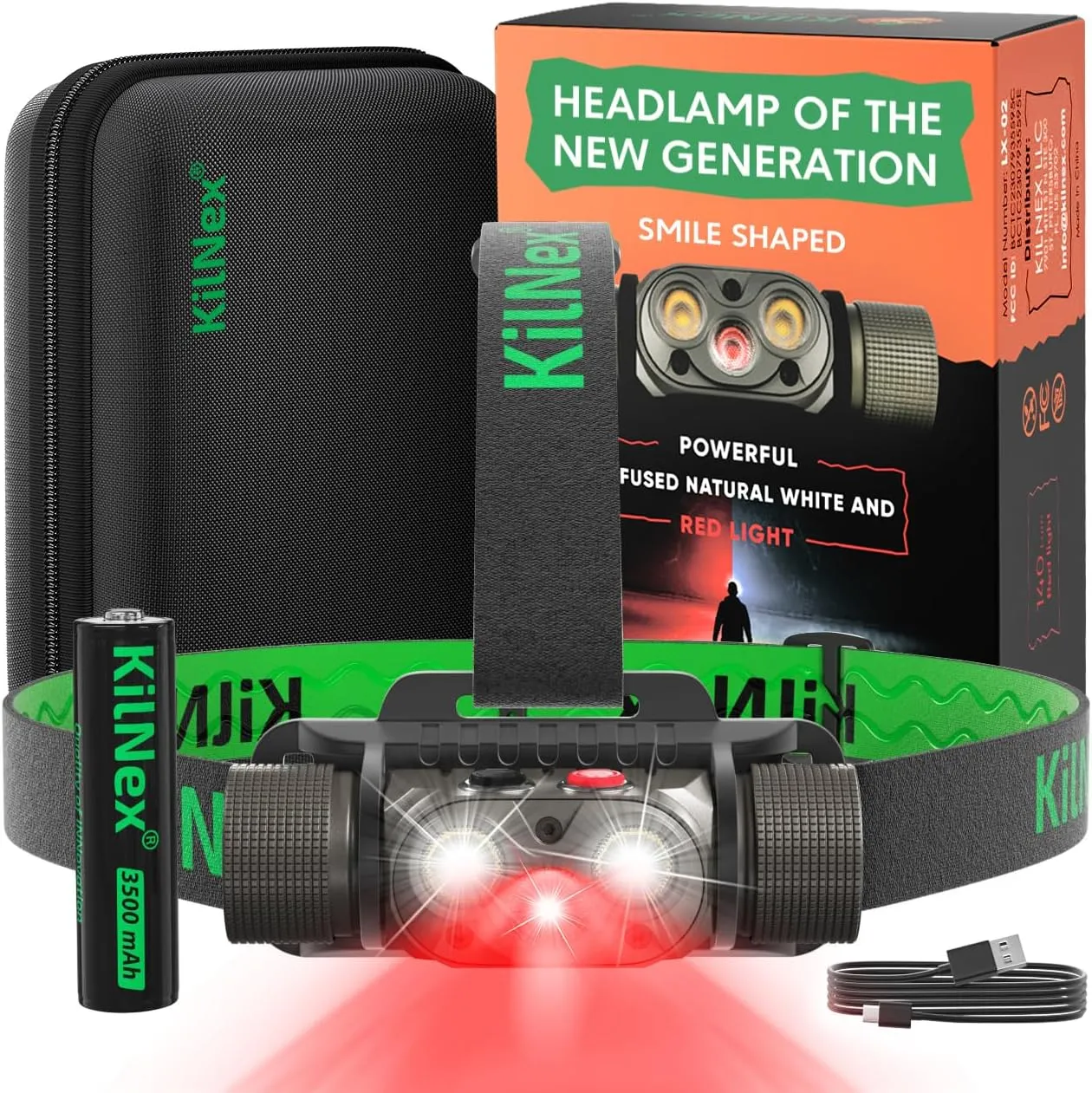 Red Light Headlamp - 1100 Lumens White & Red LED | Rechargeable Headlamp, Case and Battery Included, USB Type C Charging | Waterproof IPX8 | Hunting, Camping, Fishing