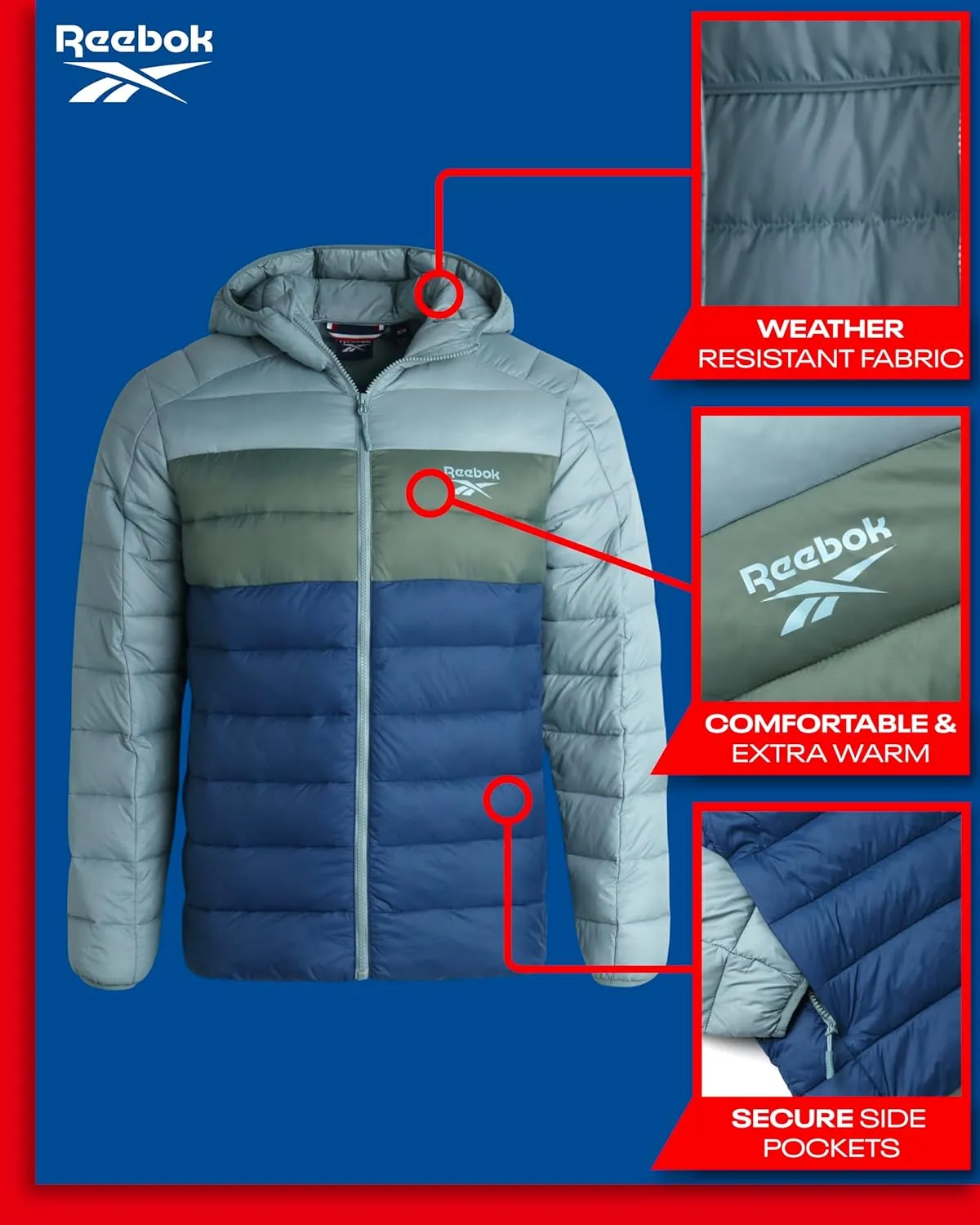 Reebok Men's Jacket – Lightweight Hooded Quilted Puffer Coat – Warm Insulated Winter Jacket for Men (S-4X)
