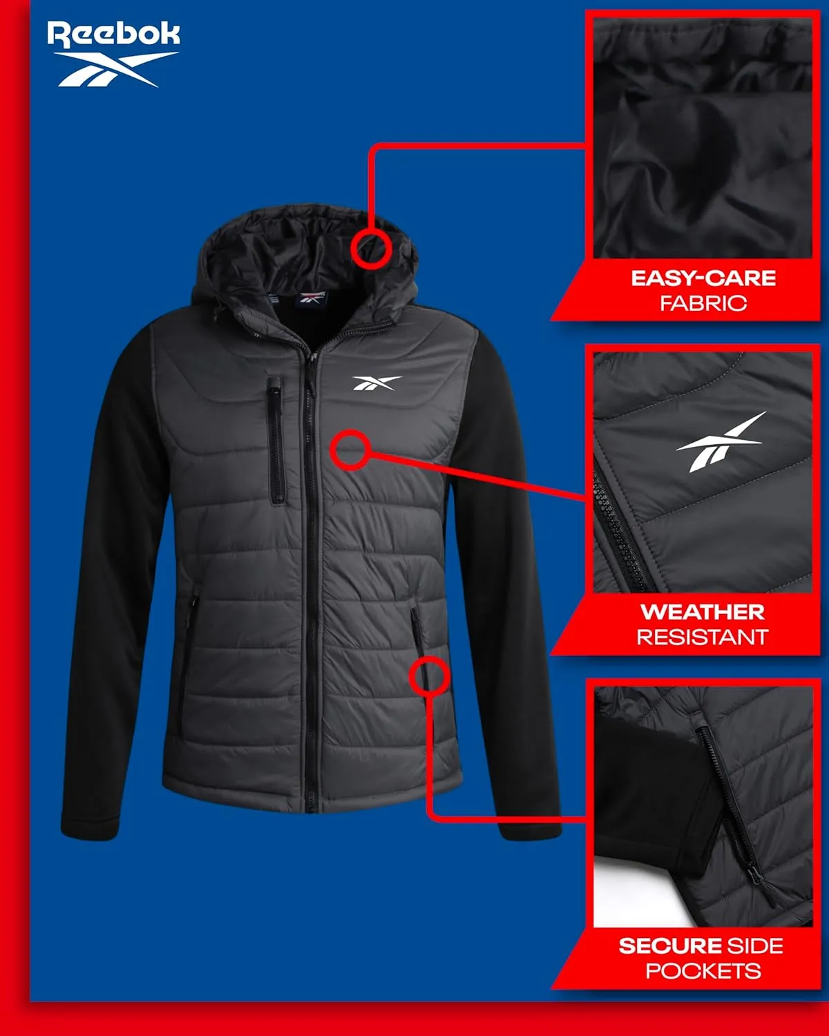 Reebok Men's Jacket - Warm Insulated Quilted Puffer Jacket with Sweater Fleece Sleeves - Hooded Outdoor Jacket for Men (M-XL)