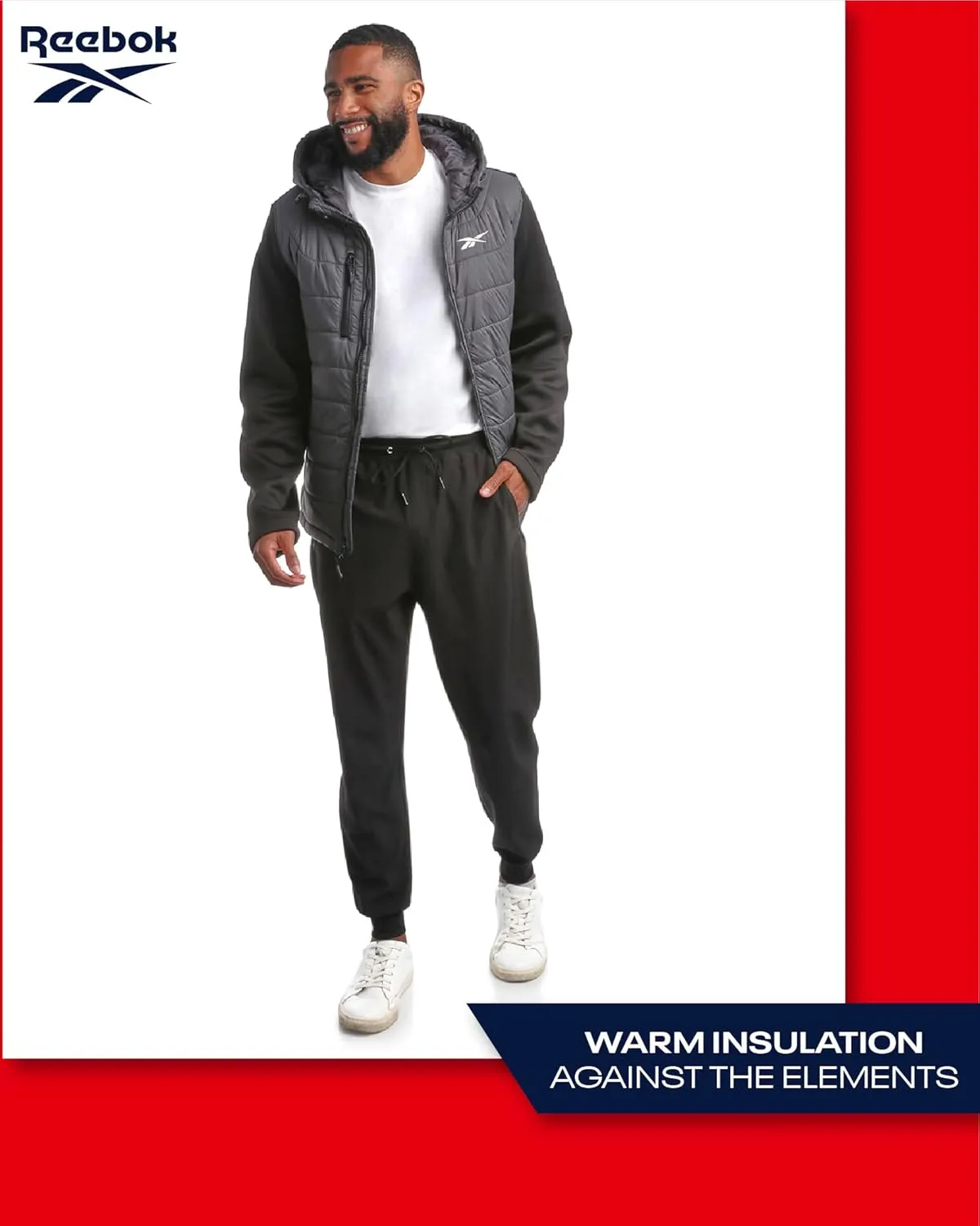 Reebok Men's Jacket - Warm Insulated Quilted Puffer Jacket with Sweater Fleece Sleeves - Hooded Outdoor Jacket for Men (M-XL)