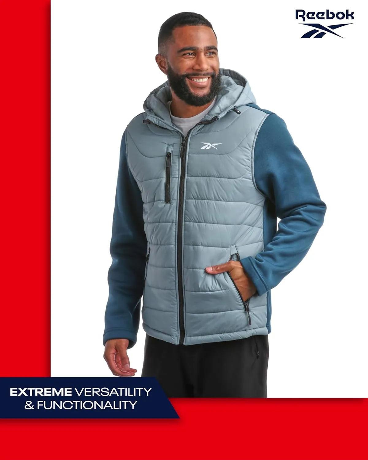 Reebok Men's Jacket - Warm Insulated Quilted Puffer Jacket with Sweater Fleece Sleeves - Hooded Outdoor Jacket for Men (M-XL)