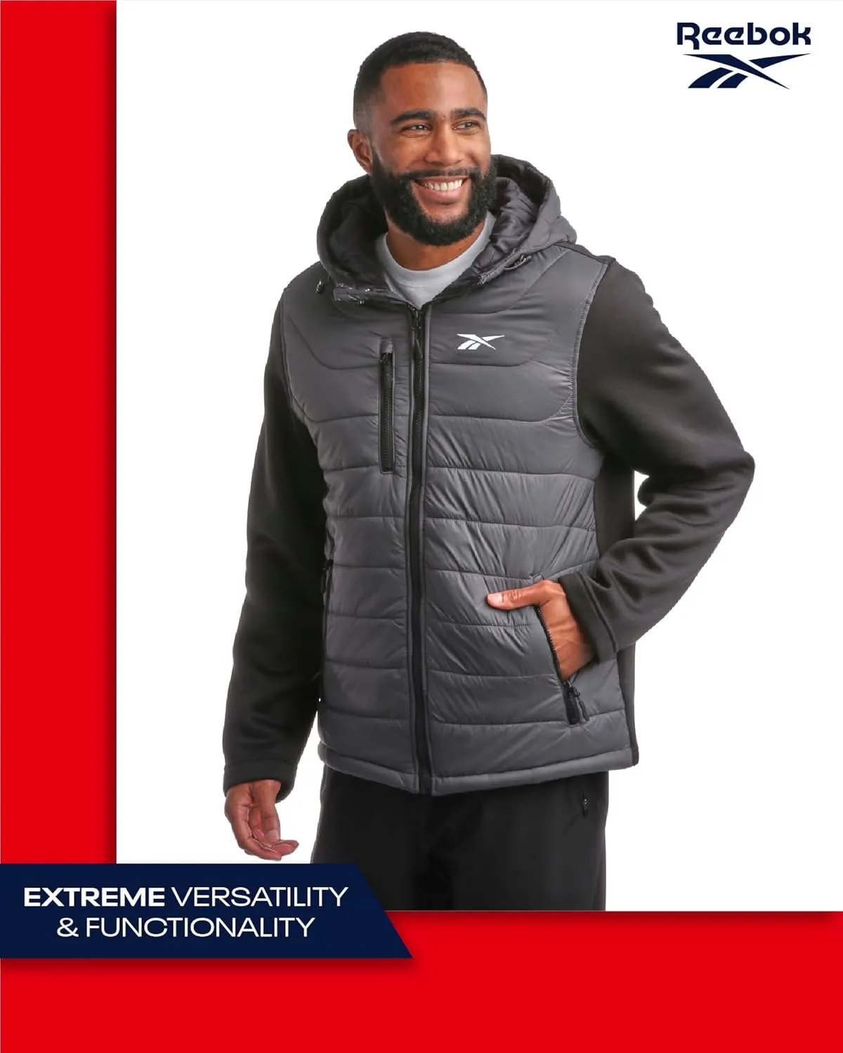 Reebok Men's Jacket - Warm Insulated Quilted Puffer Jacket with Sweater Fleece Sleeves - Hooded Outdoor Jacket for Men (M-XL)