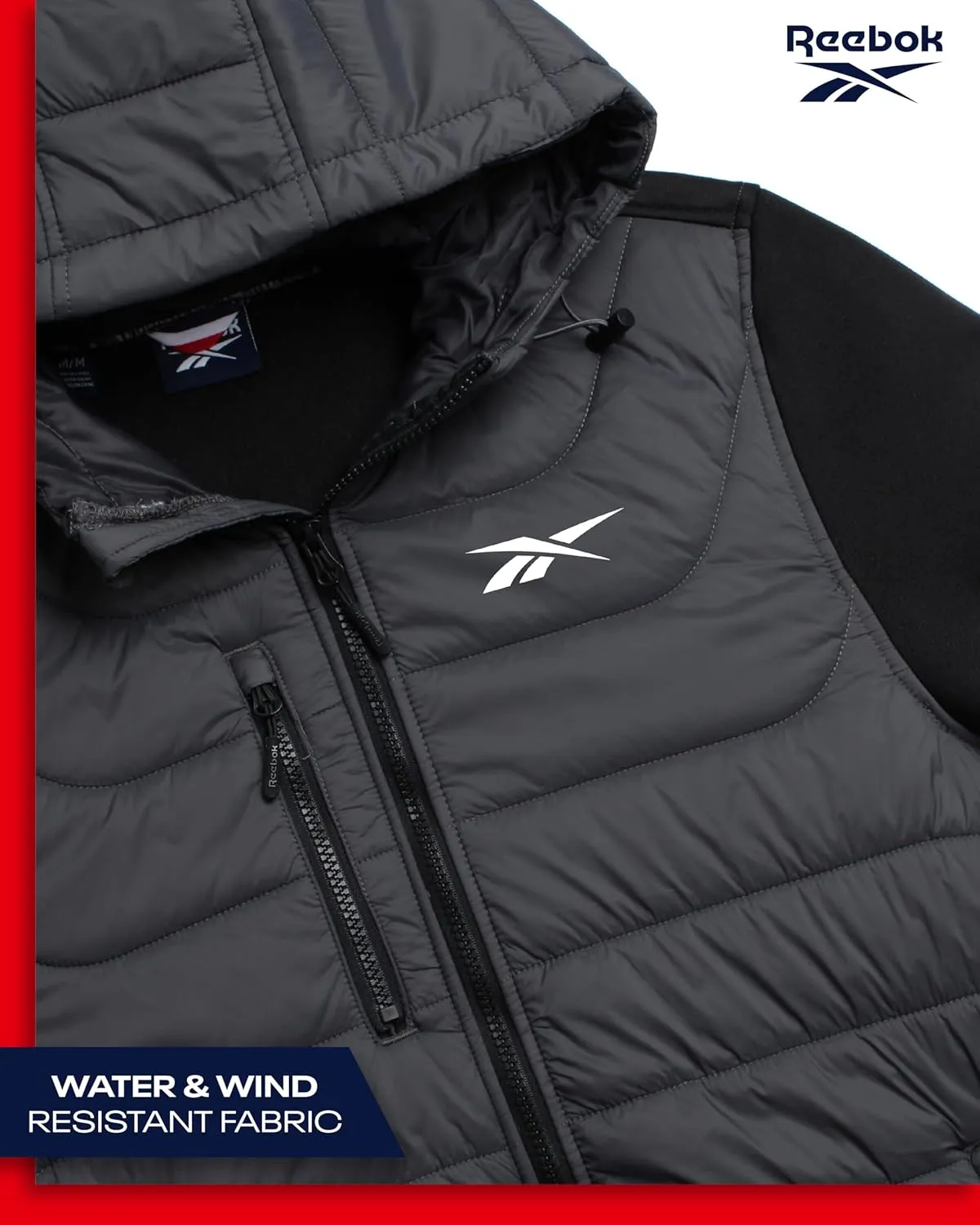Reebok Men's Jacket - Warm Insulated Quilted Puffer Jacket with Sweater Fleece Sleeves - Hooded Outdoor Jacket for Men (M-XL)