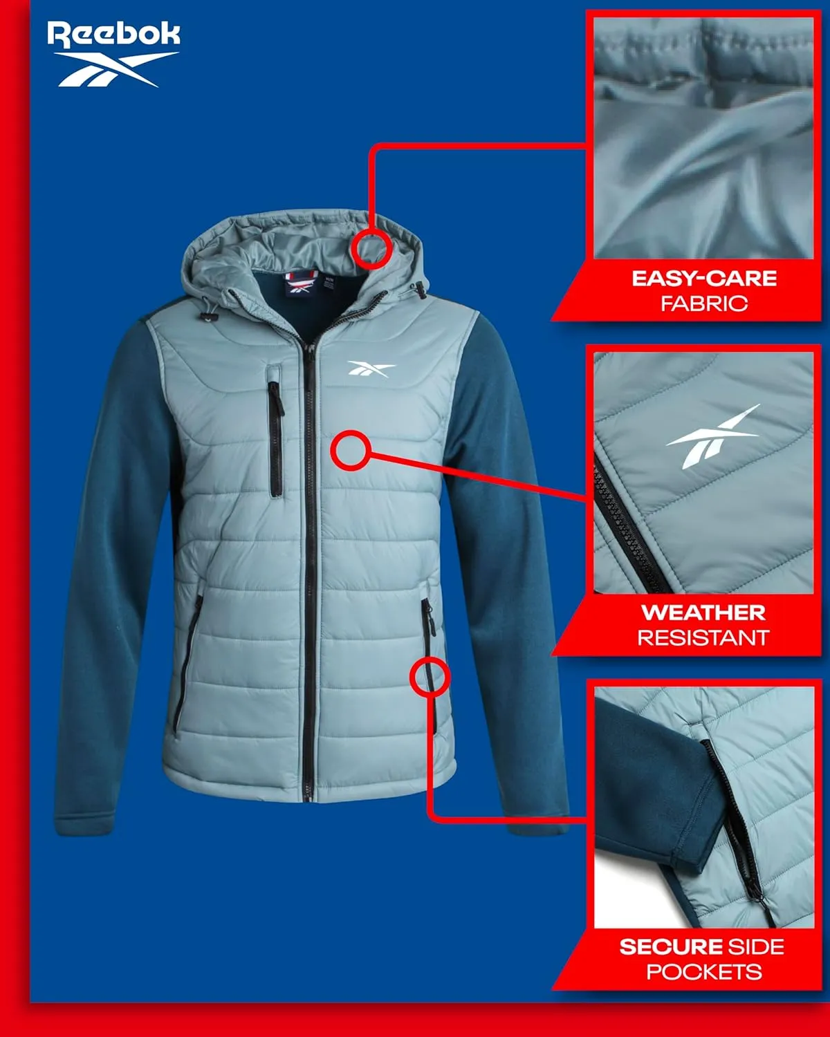 Reebok Men's Jacket - Warm Insulated Quilted Puffer Jacket with Sweater Fleece Sleeves - Hooded Outdoor Jacket for Men (M-XL)