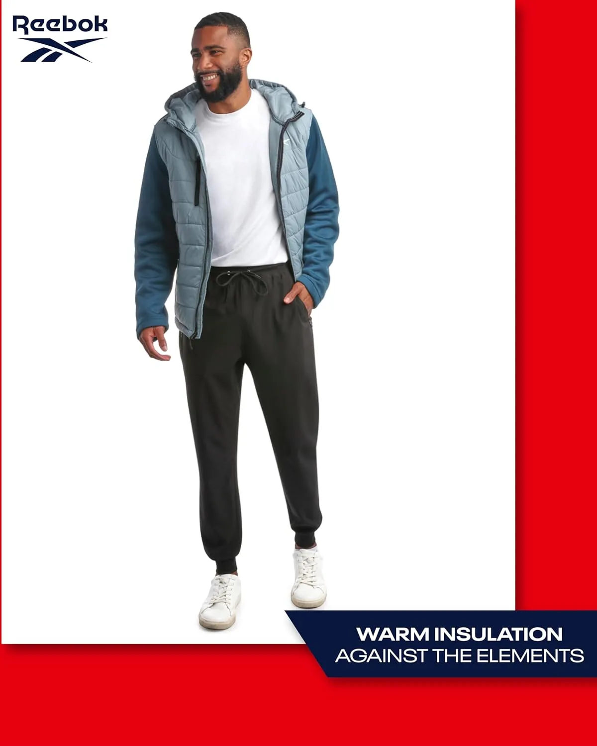 Reebok Men's Jacket - Warm Insulated Quilted Puffer Jacket with Sweater Fleece Sleeves - Hooded Outdoor Jacket for Men (M-XL)
