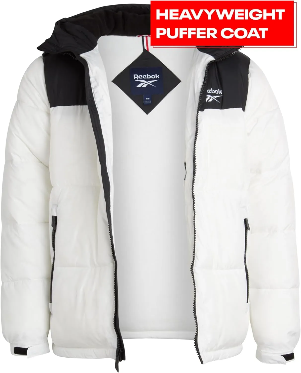 Reebok Mens Puffer Jacket - Heavyweight Quilted Mens Jacket with Wide Hood - Weather Resistant Winter Jackets for Men (S-XL)