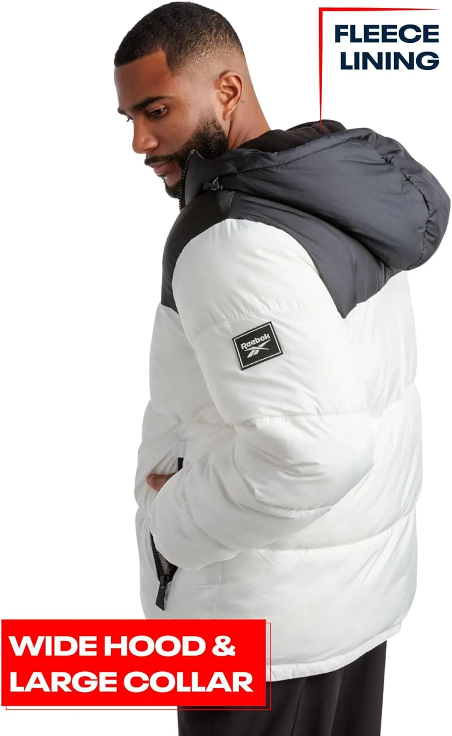 Reebok Mens Puffer Jacket - Heavyweight Quilted Mens Jacket with Wide Hood - Weather Resistant Winter Jackets for Men (S-XL)