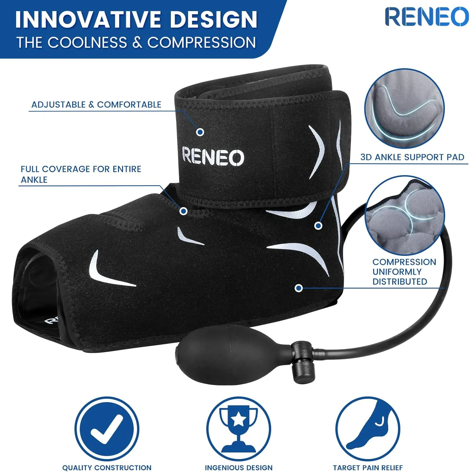 RENEO Compression Ankle Ice Pack Wrap with Air Pump, Reusable Foot Ice Wrap Hot and Cold Therapy, Ankle Brace Gel Cold Packs for Heel and Foot Recovery
