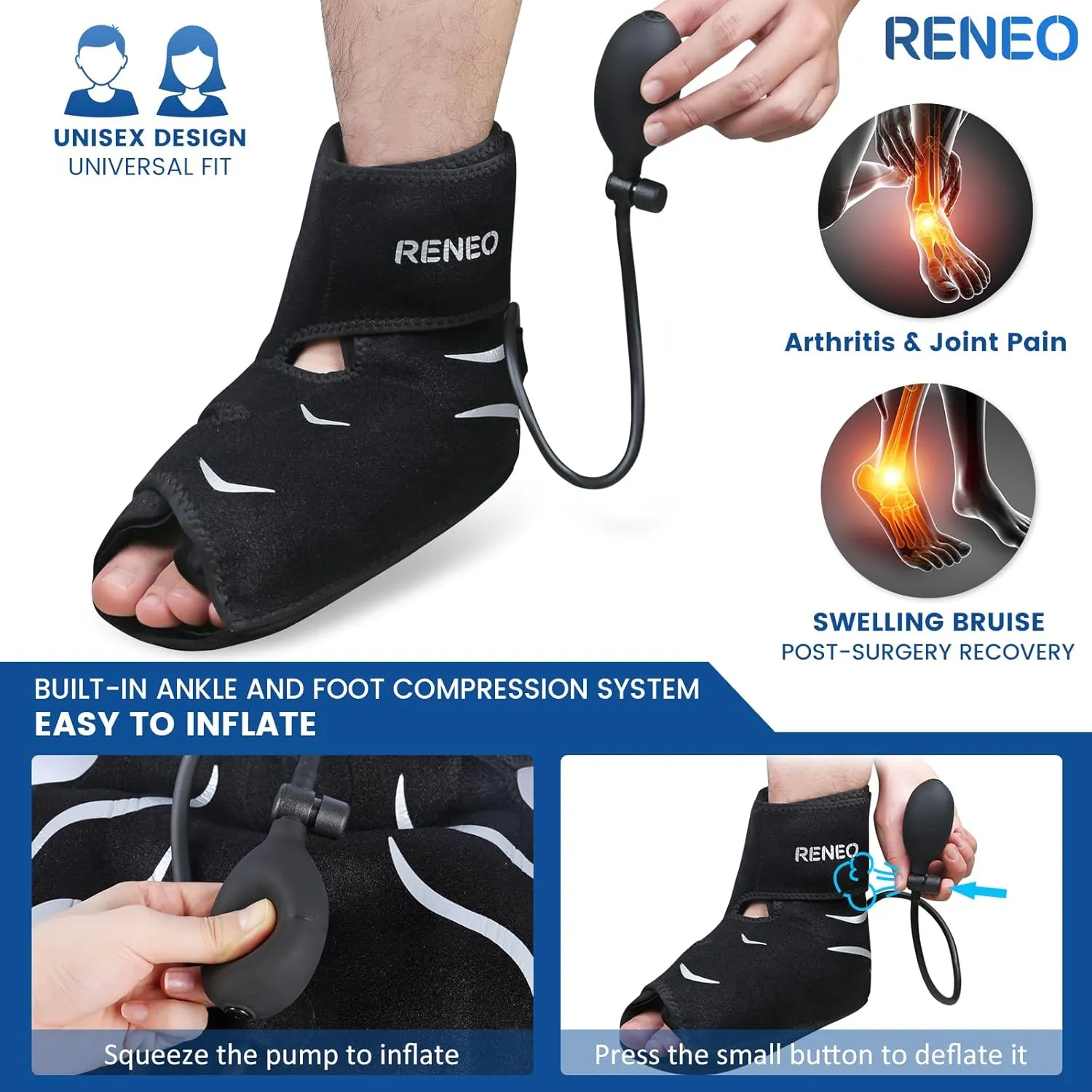 RENEO Compression Ankle Ice Pack Wrap with Air Pump, Reusable Foot Ice Wrap Hot and Cold Therapy, Ankle Brace Gel Cold Packs for Heel and Foot Recovery