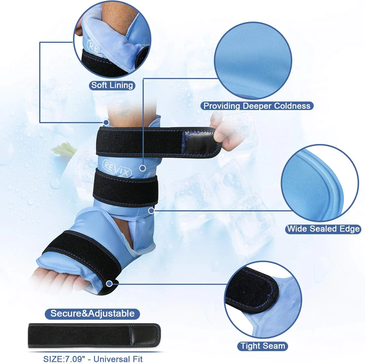 REVIX Ankle Ice Pack Wrap for Foot Pain Relief and Feet Injuries, Reusable Gel Ice Cold Packs for Achilles Tendonitis, Plantar Fasciitis, Sprained Ankles and Heels