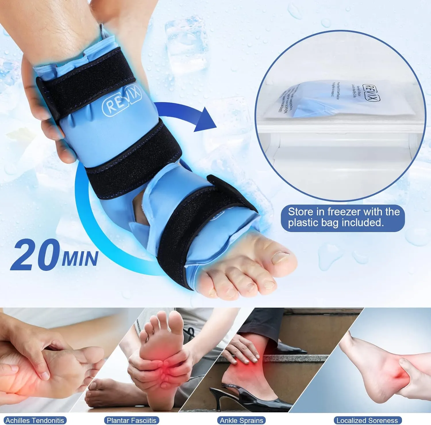 REVIX Ankle Ice Pack Wrap for Foot Pain Relief and Feet Injuries, Reusable Gel Ice Cold Packs for Achilles Tendonitis, Plantar Fasciitis, Sprained Ankles and Heels