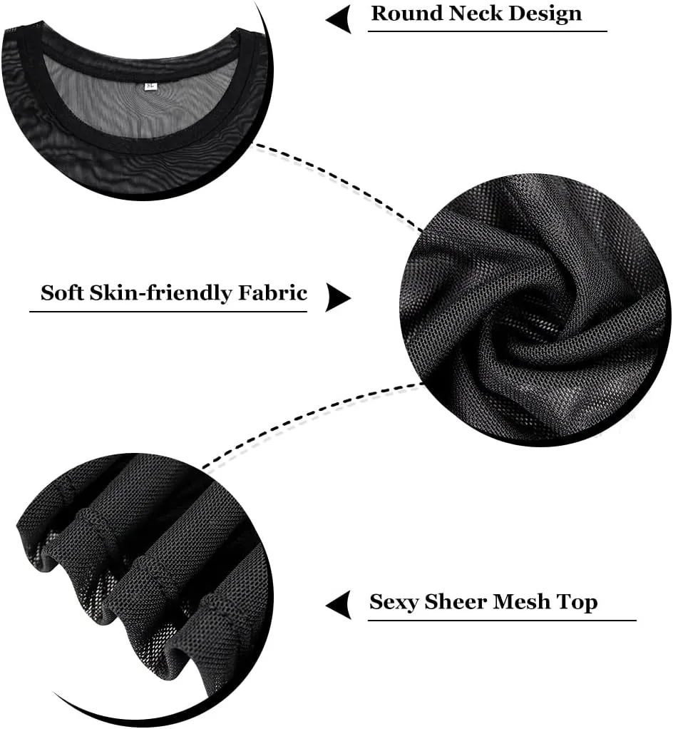 RITERA Plus Size Mesh Tops for Women Sexy Short Sleeve Sheer Fishnet Shirts Black Tshirts Blouses XL-5XL