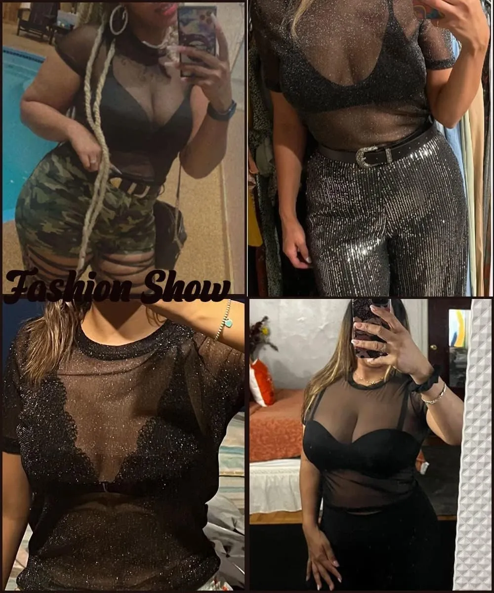 RITERA Plus Size Mesh Tops for Women Sexy Short Sleeve Sheer Fishnet Shirts Black Tshirts Blouses XL-5XL