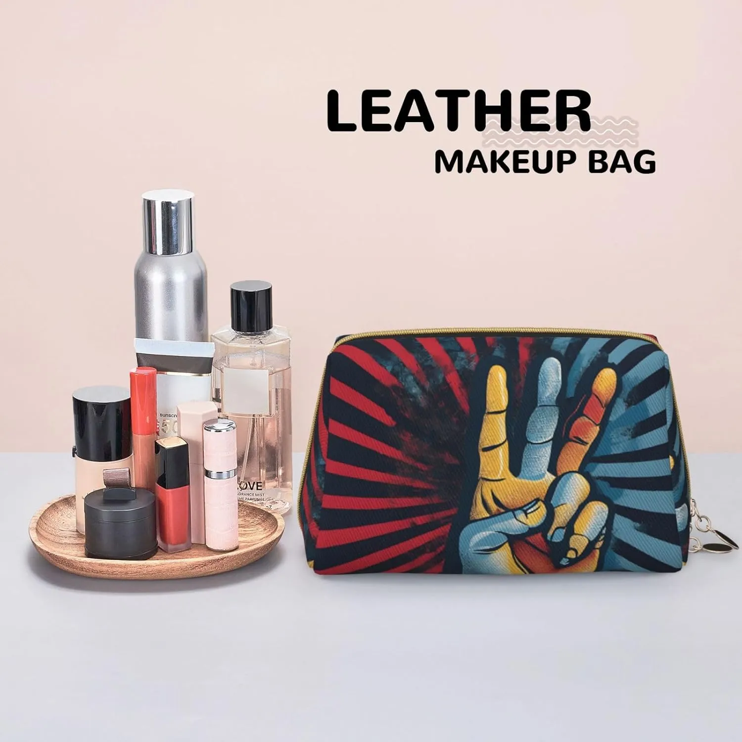 Rock And Roll Print Advanced Leather Portable Cosmetic Bag-Elegant And Compact Design, Suitable For Daily Use