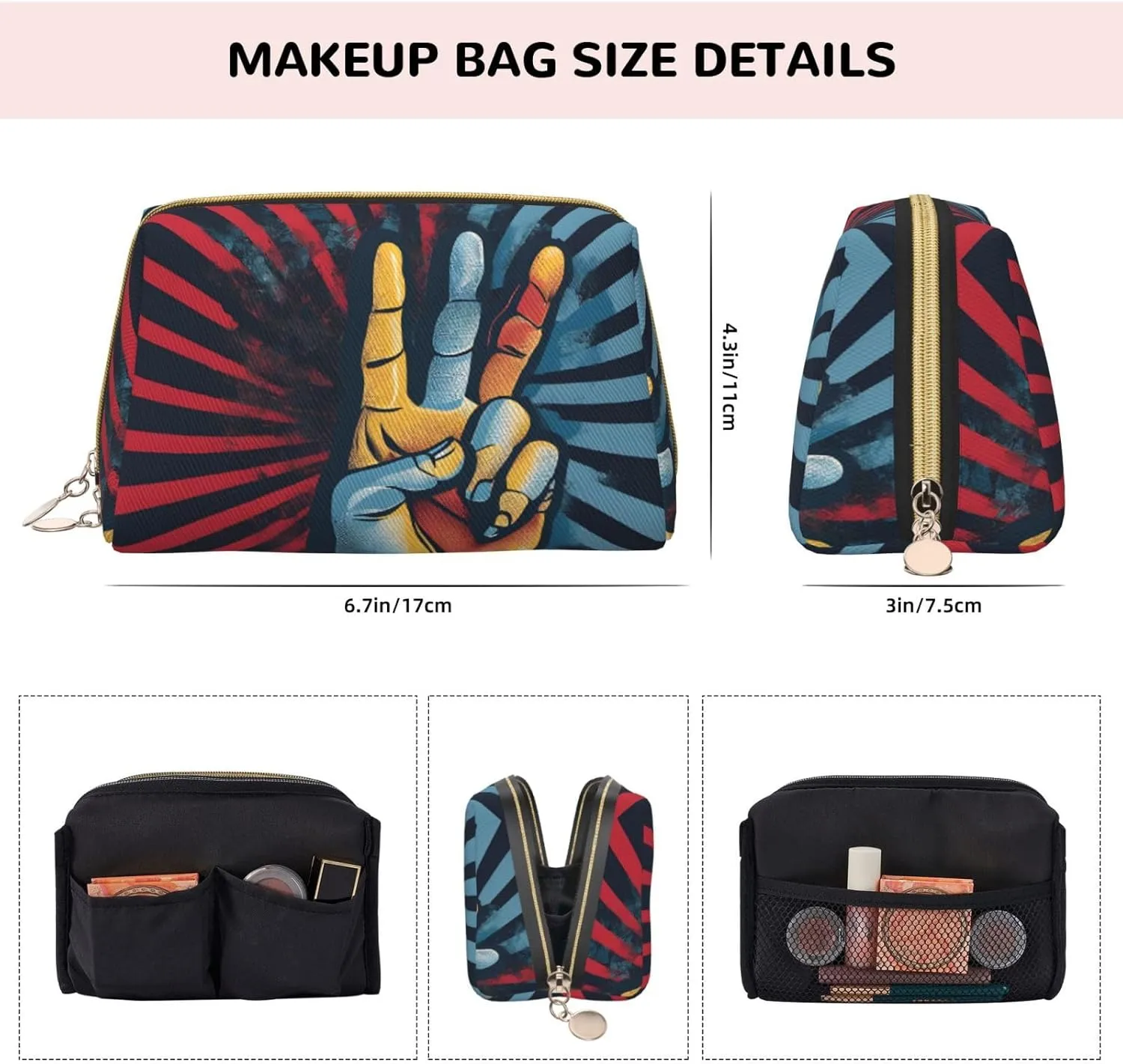 Rock And Roll Print Advanced Leather Portable Cosmetic Bag-Elegant And Compact Design, Suitable For Daily Use