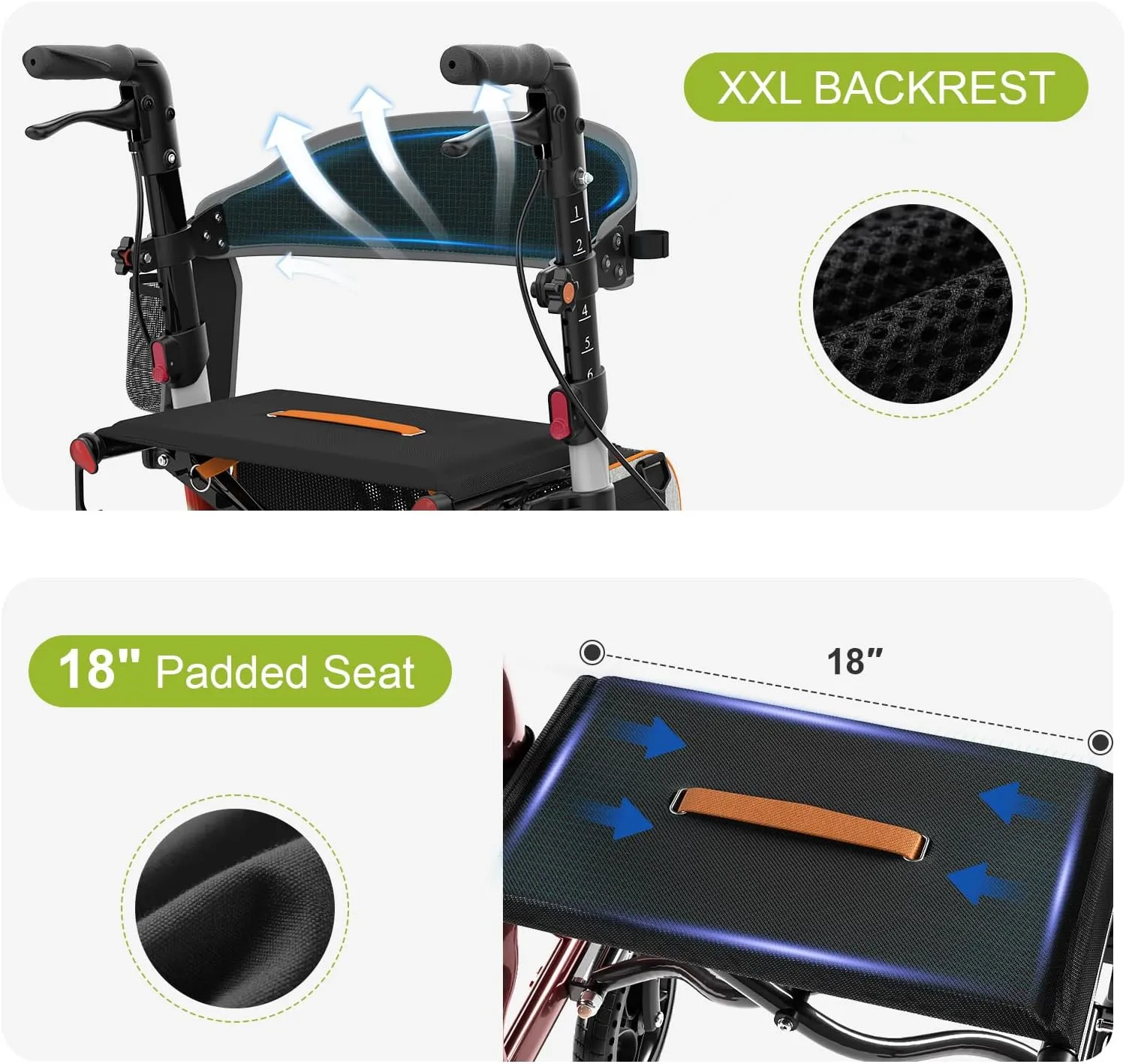 Rollator Walkers for Seniors with Seat, Foldable Walkers for Seniors, 8" All-Terrain Wheels, 18" Big Seat, 6-Level Adjustable Height Rolling Walker, 350 lb, Walker for Seniors & Adults (Sliver)