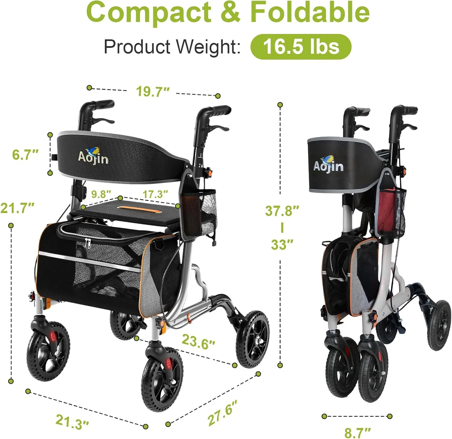 Rollator Walkers for Seniors with Seat, Foldable Walkers for Seniors, 8" All-Terrain Wheels, 18" Big Seat, 6-Level Adjustable Height Rolling Walker, 350 lb, Walker for Seniors & Adults (Sliver)